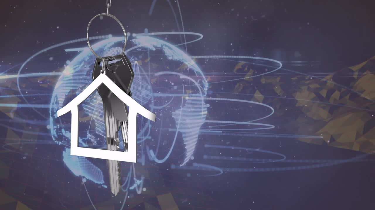 House-shaped keychain over digital globe with swirling data lines animation