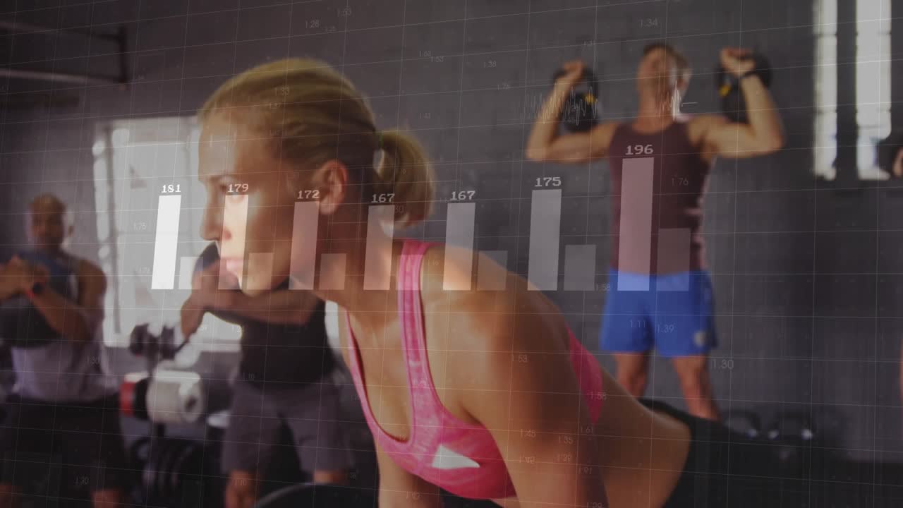 Woman gripping barbell and initiating hinge in gym, animated torso charts tracking strength metrics