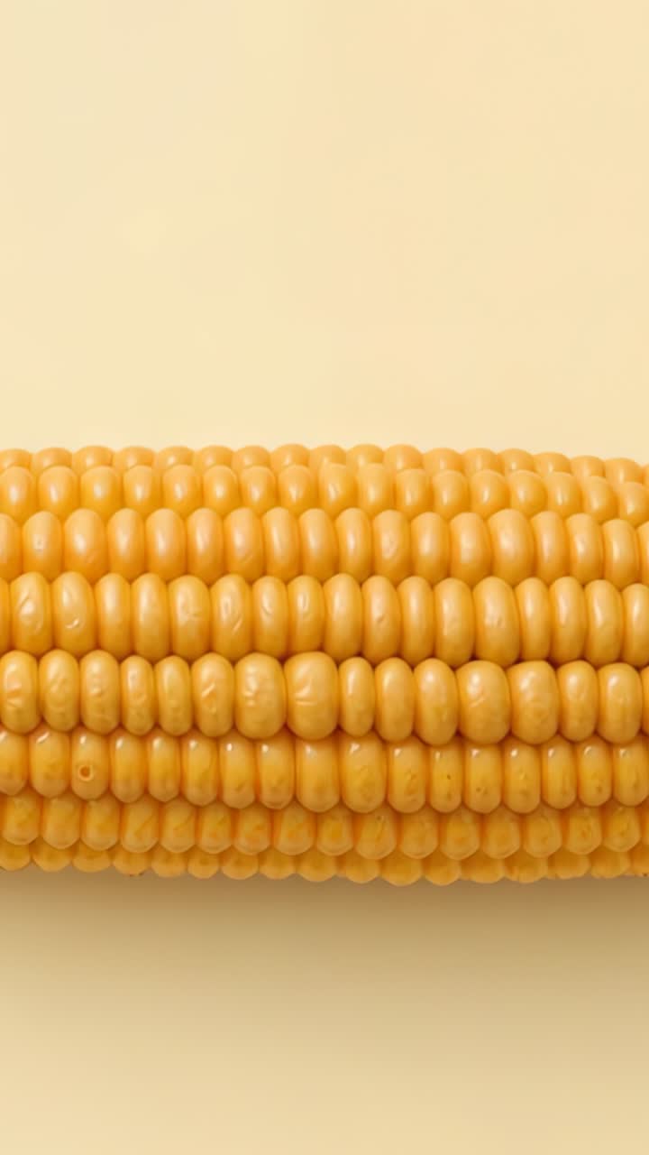 Vertical video: Clip capturing ear of corn resting on beige backdrop highlighting kernel texture