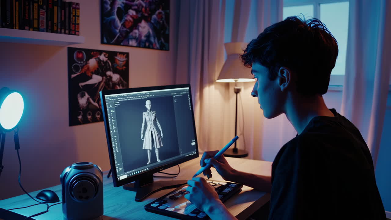 Young man working on 3D character design with a computer and stylus