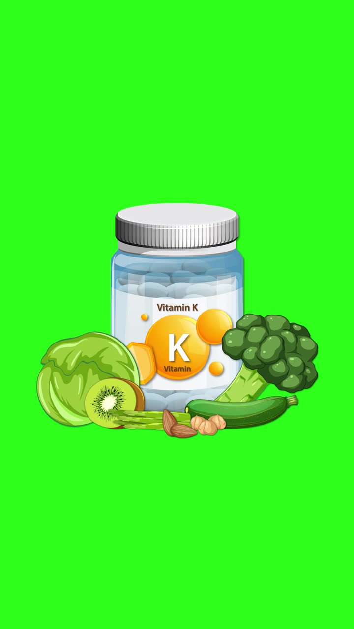 Botol Vitamin K dengan sayuran muncul secara bertahap di atas latar belakang hijau cerah, gerakan halus, gaya datar.