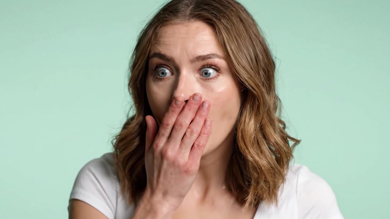 A woman's transition from shock to surprise, capturing a moment of unexpected realization, illustrated by her expressive facial reactions against a soft green background.