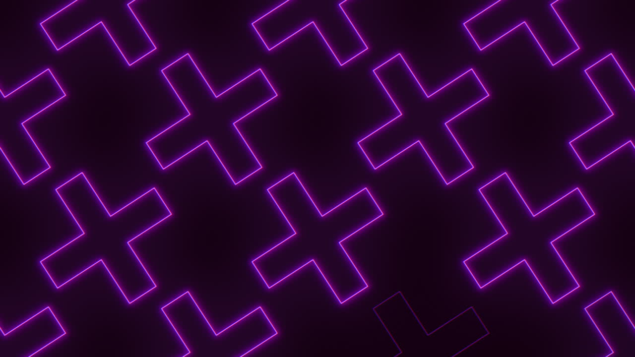 Glowing neon plus sign pattern background, futuristic purple geometric wallpaper