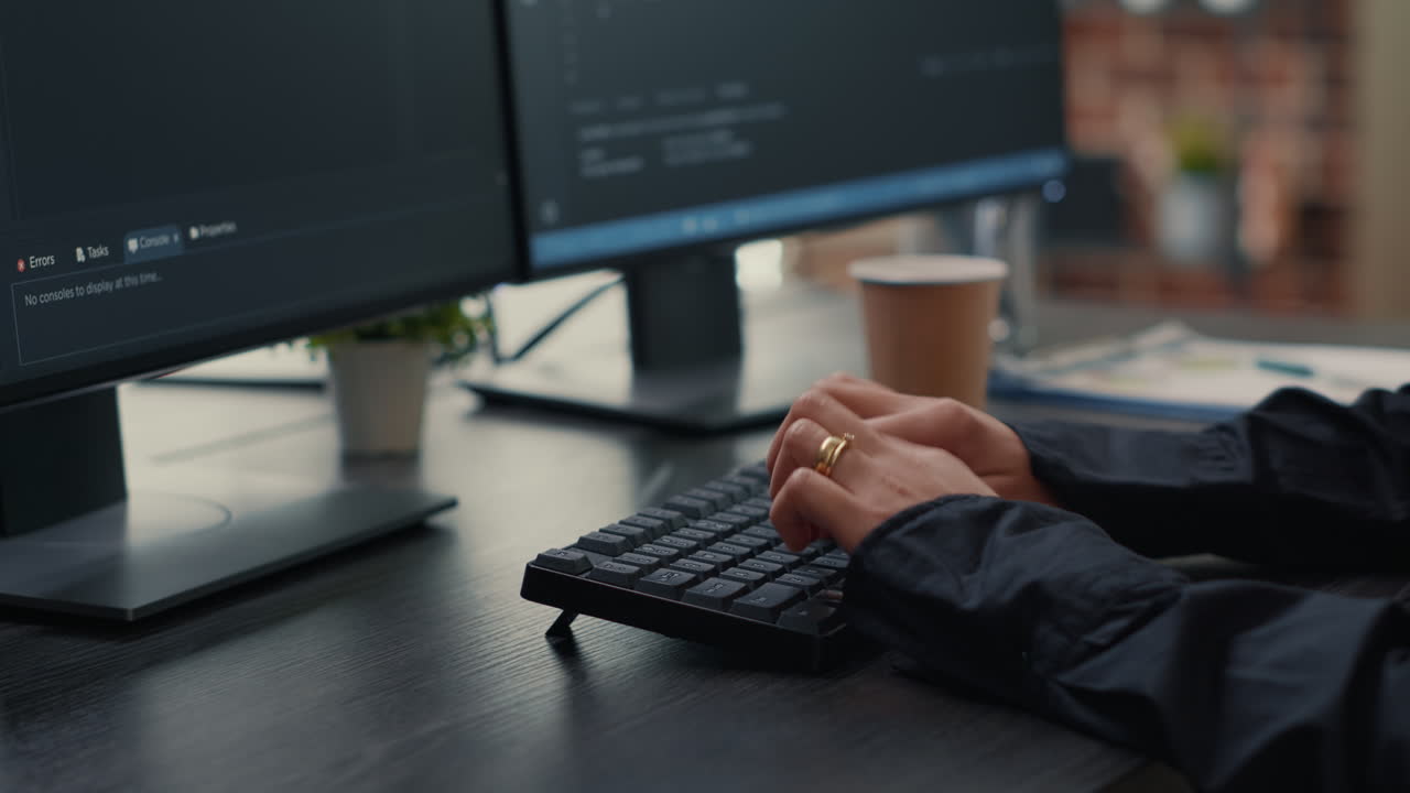Focus on software developer hands typing source code on keyboard while looking at computer screen