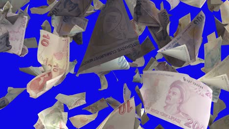 falling turkish lira banknotes on blue chroma key 4k loopable