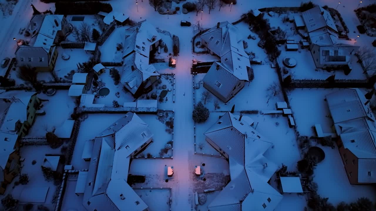 Aerial short of snow caped houses in the Svitavy city