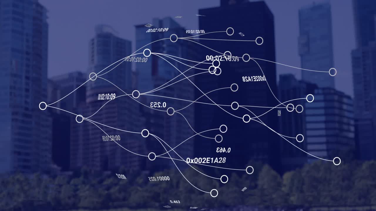 Animation of connections and numbers over cityscape
