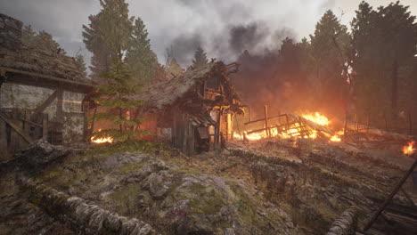 burning wooden house in old village