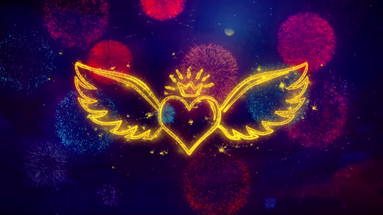 Heart with Wings and Crown, Fireworks Background