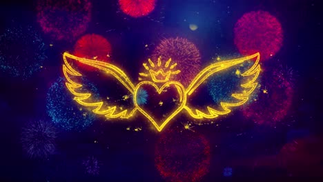 heart with wings and crown, fireworks background