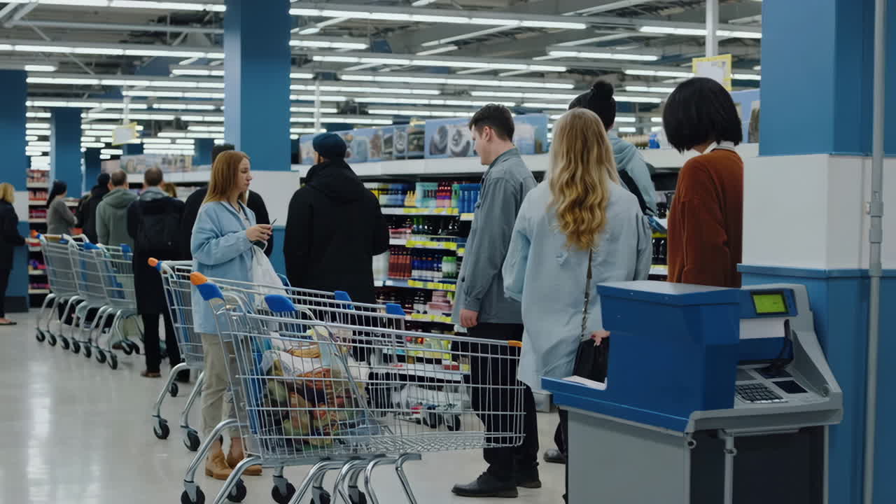Customers waiting in line at a supermarket checkout