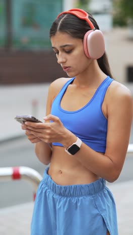 woman in sportswear using smartphone