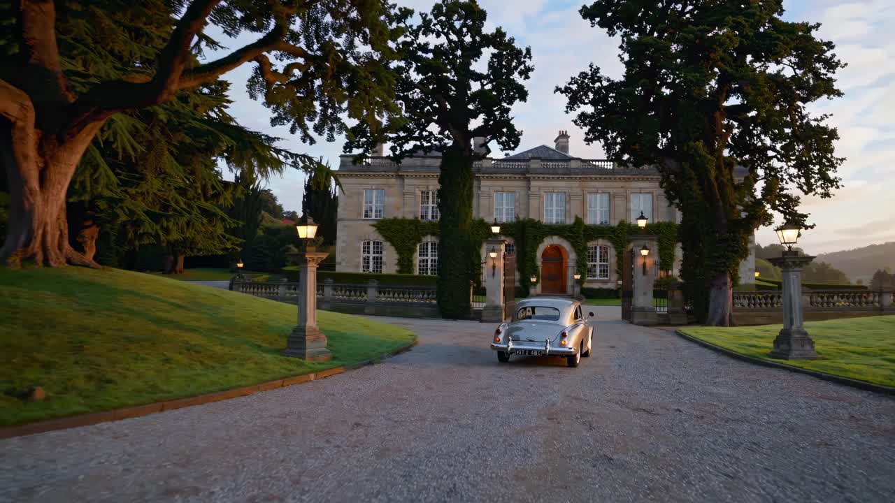 A classic car approaches a grand estate at sunset, captured from a low-angle shot
