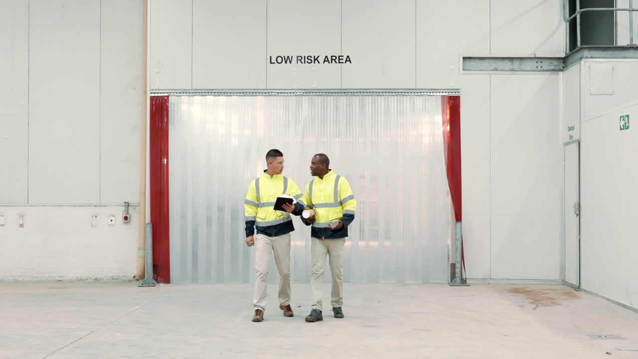 Construction, planning and men in warehouse