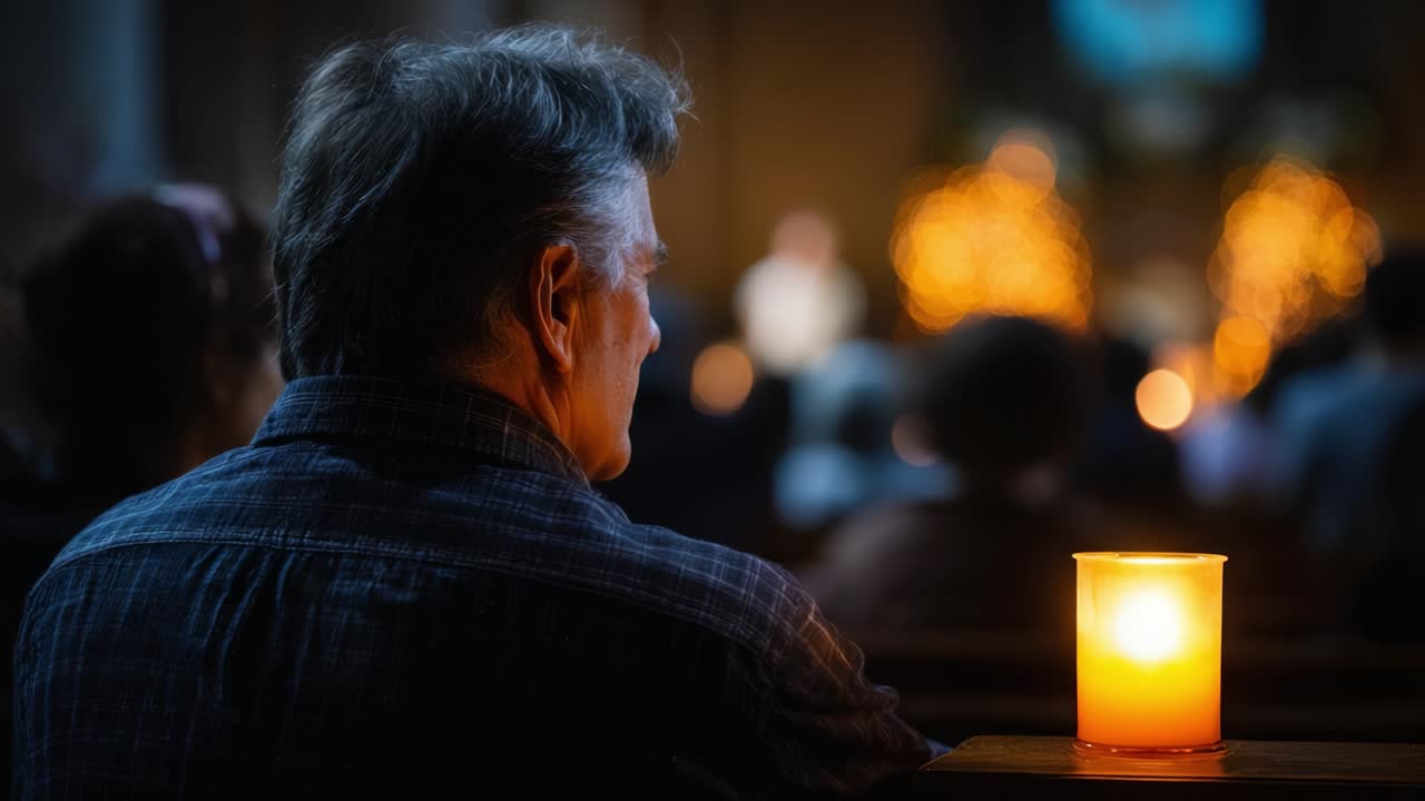 A Reflective Moment in a Serene Setting: A Man Watching a Candlelit Scene During a Quiet Gathering, Surrounded by Soft Ambient Light and Introspection
