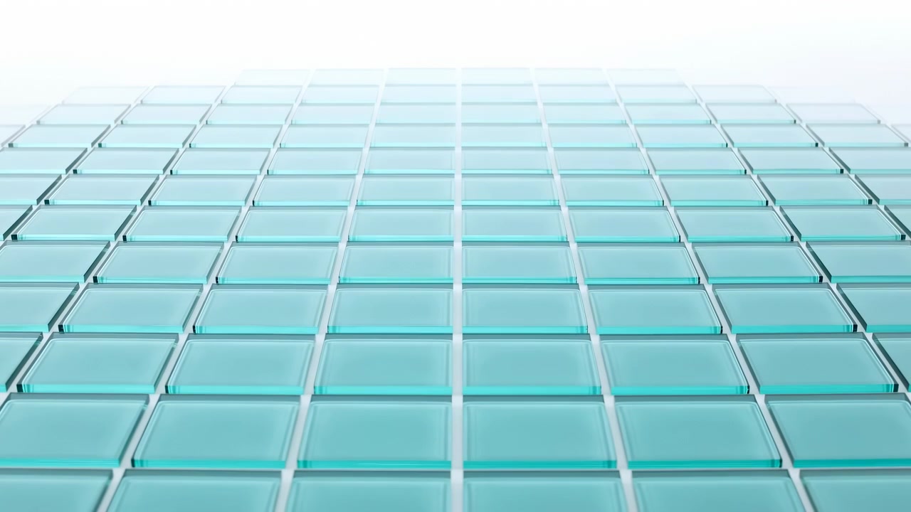 Motion shows expansive array of translucent aqua glass squares receding in orderly rows toward pale blue light, with crisp geometry, soft reflections, and elegant depth across modern abstract
