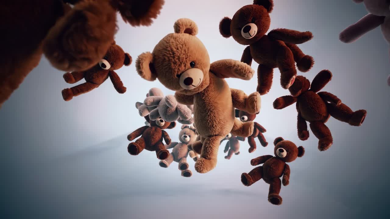 Numerous teddy bears are floating in a soft, dreamy wonderland, their gentle presence creating a magical and surreal atmosphere that evokes a sense of childlike wonder and imagination