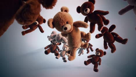 numerous teddy bears are floating in a soft, dreamy wonderland, their gentle presence creating a magical and surreal atmosphere that evokes a sense of childlike wonder and imagination