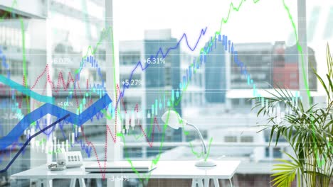 digital composite video of blue graphs over financial data processing against empty office