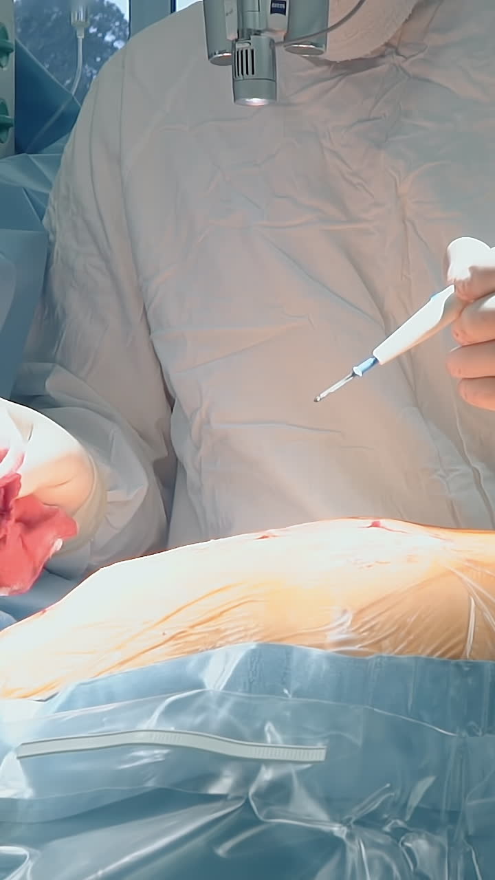 외과 의사는 클리닉에서 레이저 스칼펠로 환자의 가을 절단합니다. 병원에서 관상동맥 바이파스 수술에서 안경으로 집중된 의사. 의료 도구