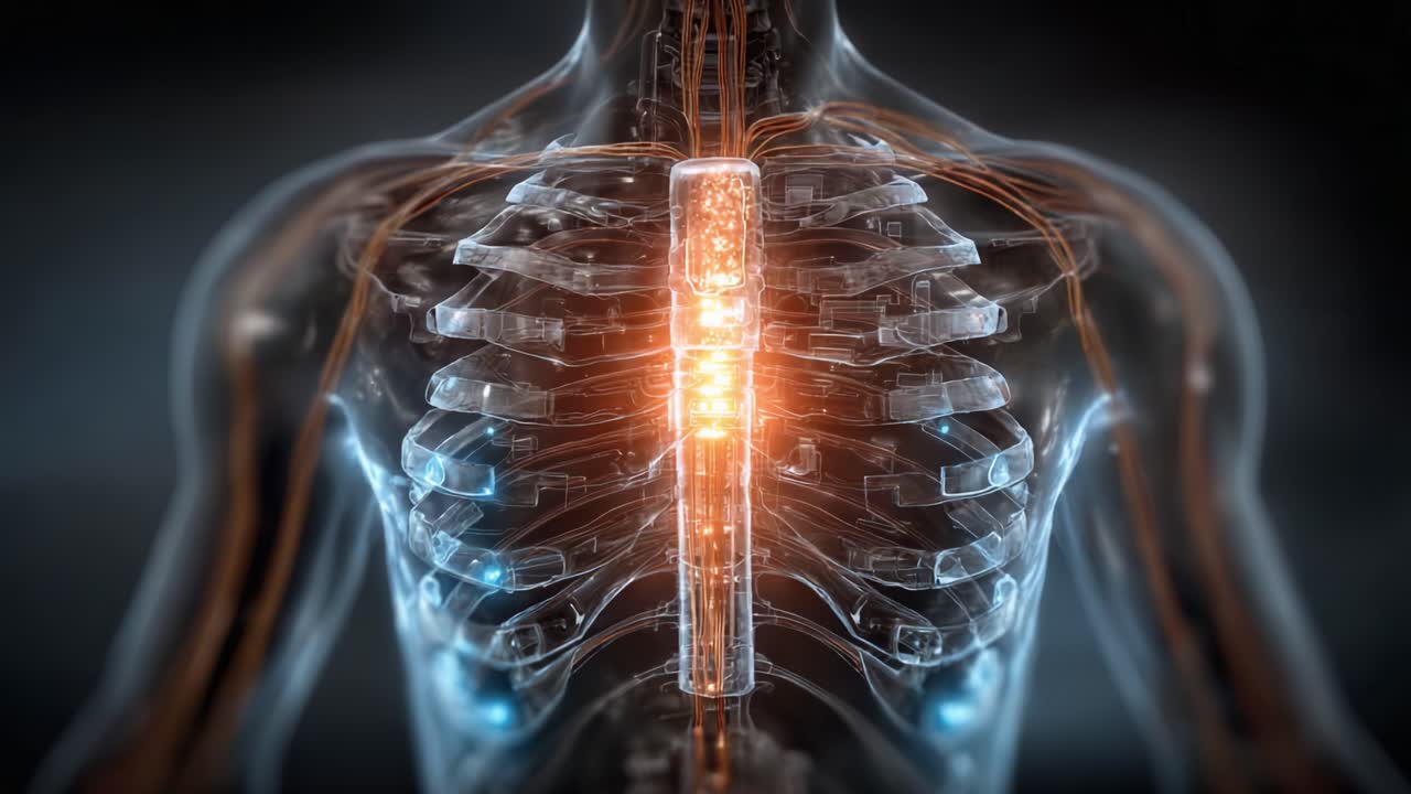 An Intricate Visualization of the Human Chest Anatomy Highlighting the Rib Structure and Central Organs in a Luminous Perspective