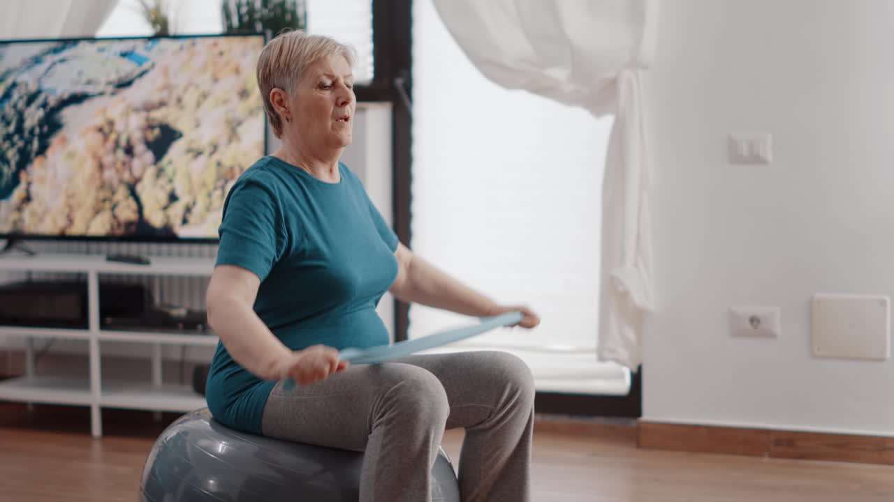 Senior woman on fitness toning ball stretching resistance band