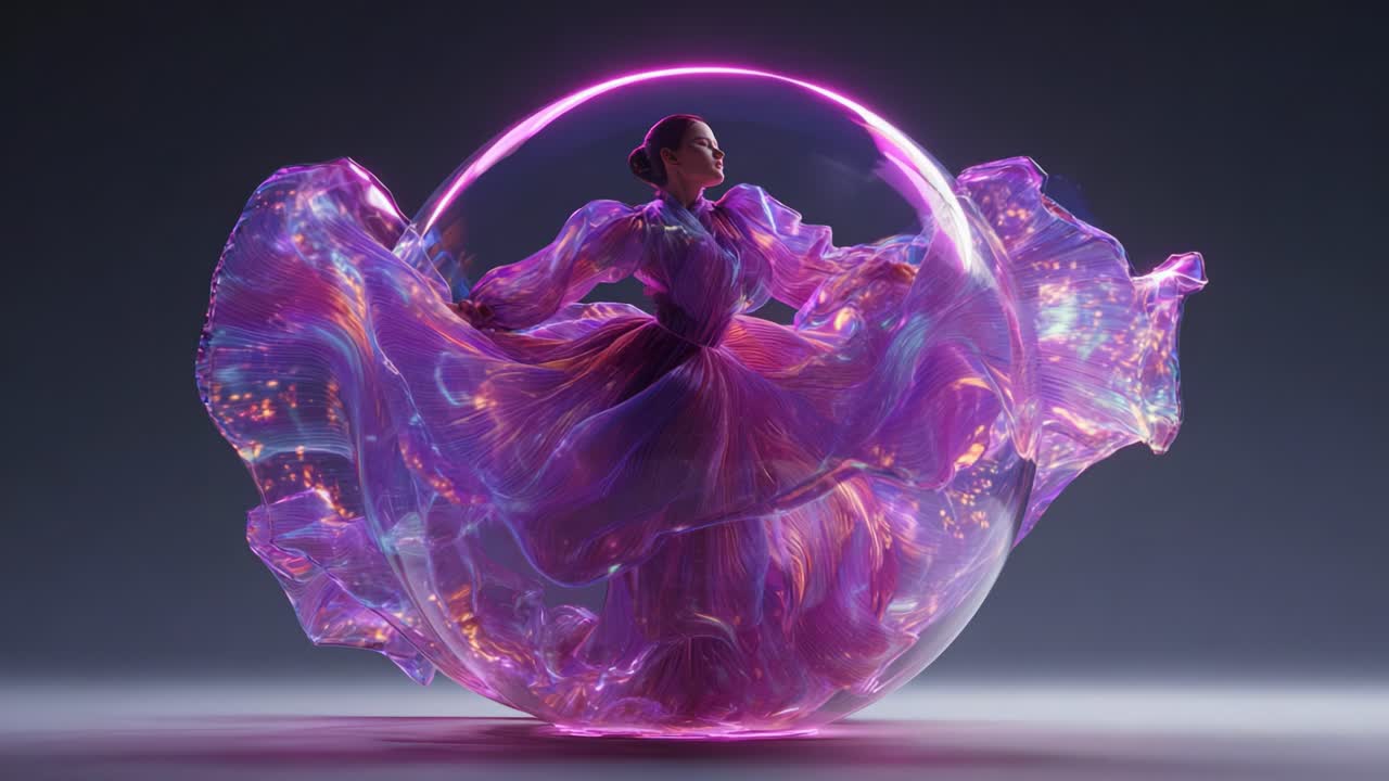 Elegant woman in a purple dress inside a glowing sphere