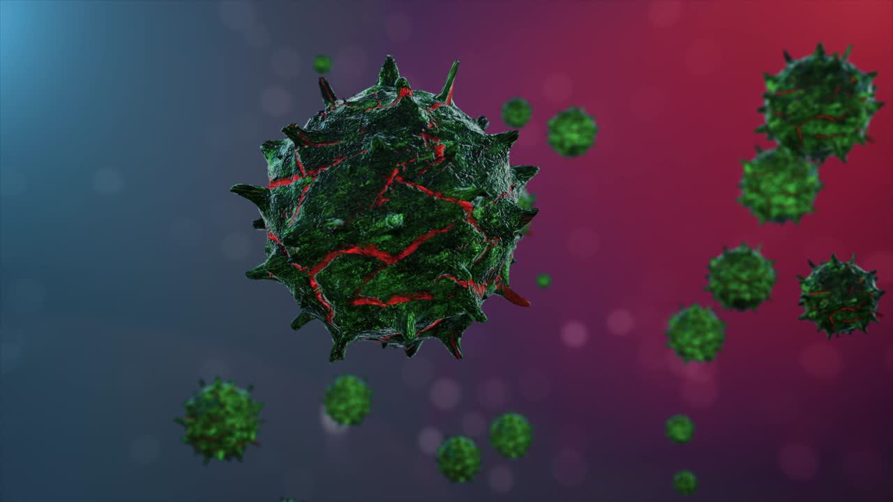 The virus molecule flies close-up in space among other molecules in blur. Coronavirus - 3D Animation Render