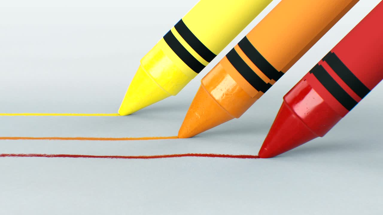 세 개의 크 크레이온은 은 종이에 선을 그리는 클로즈업, 루프 3d 애니메이션, 추상적인 글쓰기 및 드로잉 프로세스, 예술 및 디자인 개념.