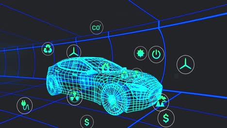 animación de múltiples iconos digitales sobre un modelo de coche 3d que se mueve en un patrón sin fisuras en un túnel