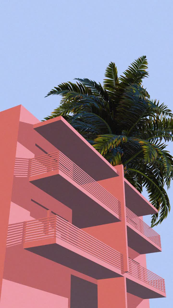 Edifício rosa vibrante com palmeira balançando na brisa