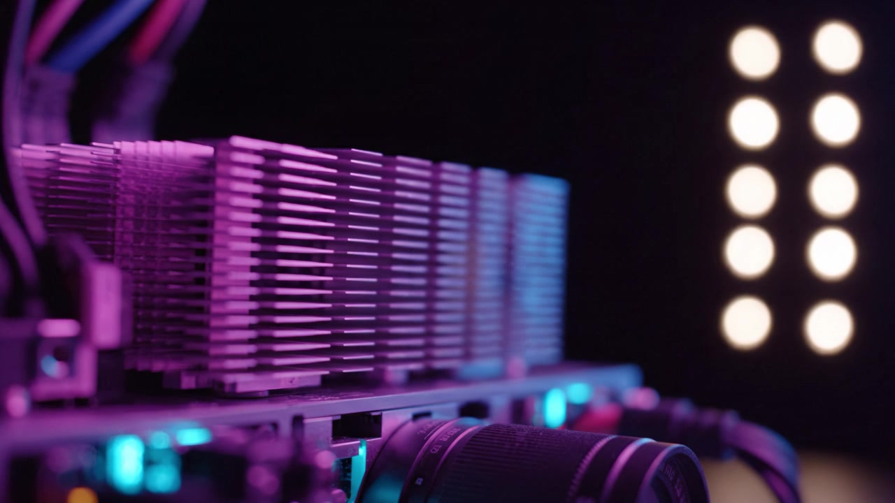 Un primo piano di hardware informatico ad alte prestazioni con dissipatori in metallo e illuminazione colorata, che mostra tecnologia all'avanguardia e innovazione nel design.