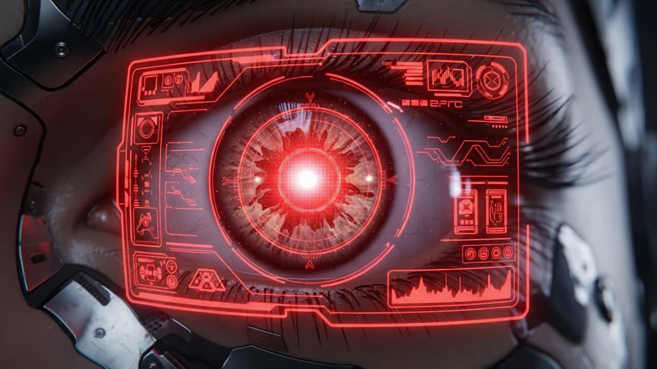 Futuristic Cybernetic Eye with Digital Interface Displaying Advanced Graphics and Analytical Data in a Sci-Fi Inspired Design