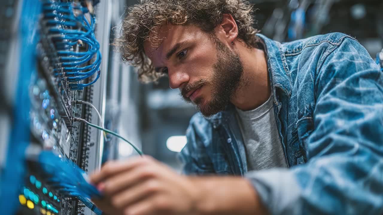 Focused Technician Working on Network Connections, Managing Cables and Equipment with Precision in a High-Tech Environment