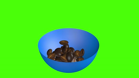 los granos de café cayendo en el cuenco, animación 3d pantalla verde clave de croma