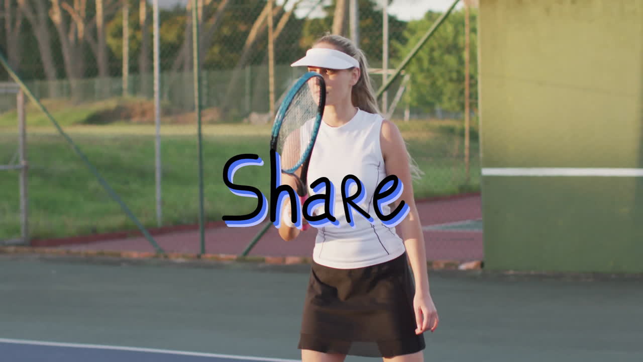 Holding racket, tennis player on court with Share text overlay animation