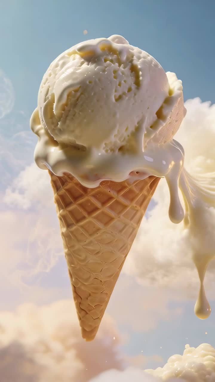 Verticale video: Zwevende wafelhoorn met smeltend vanille-ijs onder de warme zon aan de hemel, druppels verliezend