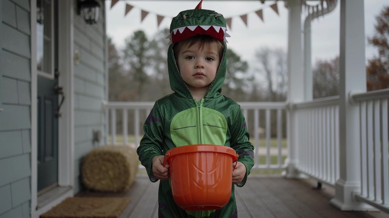 Niño pequeño con disfraz de dinosaurio sosteniendo un cubo de dulces de Halloween en el porche