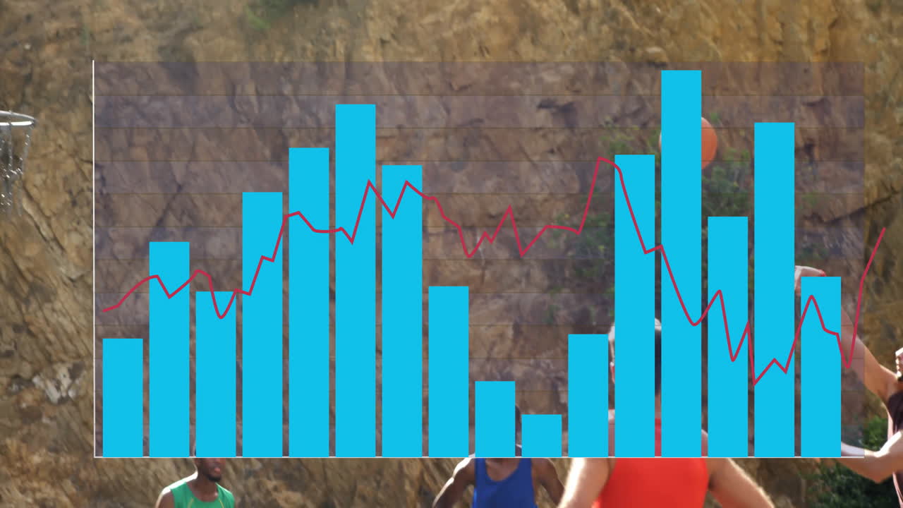 Animation of blue bar graph and red line chart overlaying people running outdoors