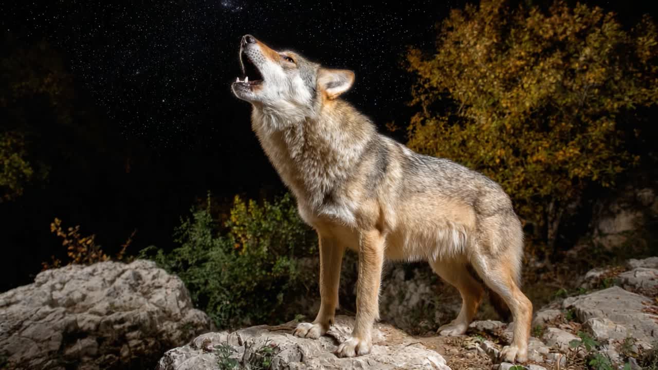 A Majestic Coyote Howling Under a Starry Night Sky, Surrounded by Autumn Foliage and Rocky Terrain in a Captivating Natural Setting