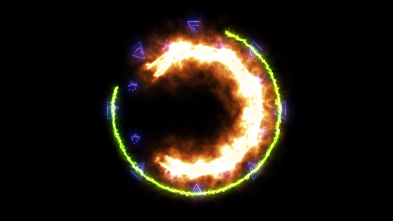 abstract magia energía naranja caliente y verde línea de energía círculo brillo luz toda la rotación pasando triángulo y estrella hexágono