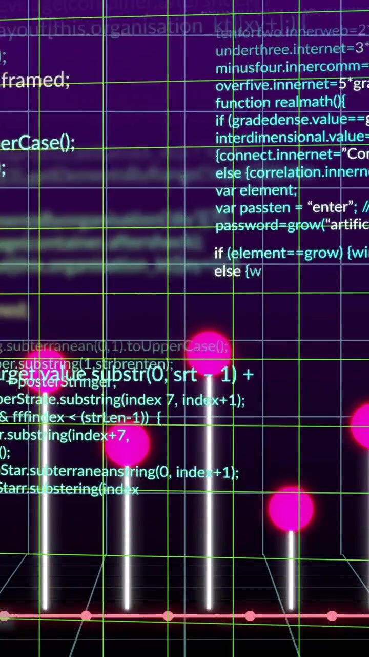 Vídeo vertical: Feed de dados impulsionando barras e nós rosas subindo em uma grade, visualizando métricas com código.