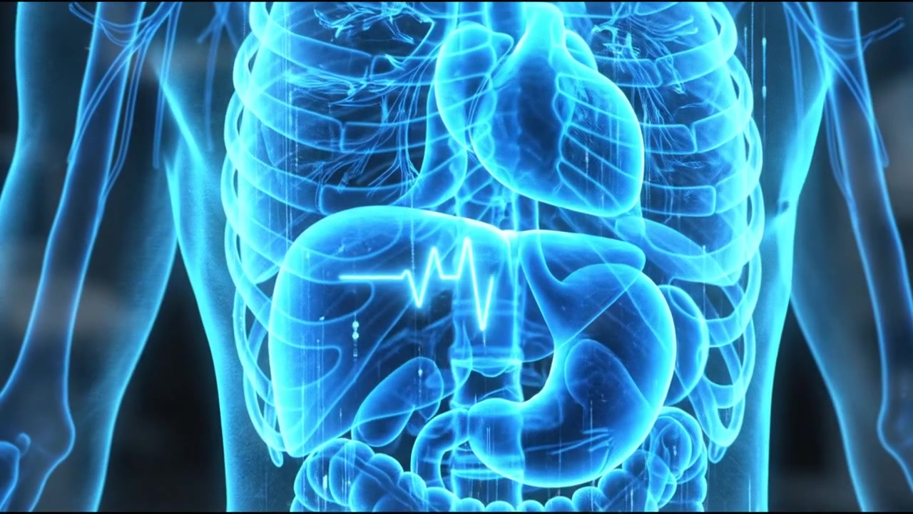 Educational transparent human torso showing digestive organs in blue light