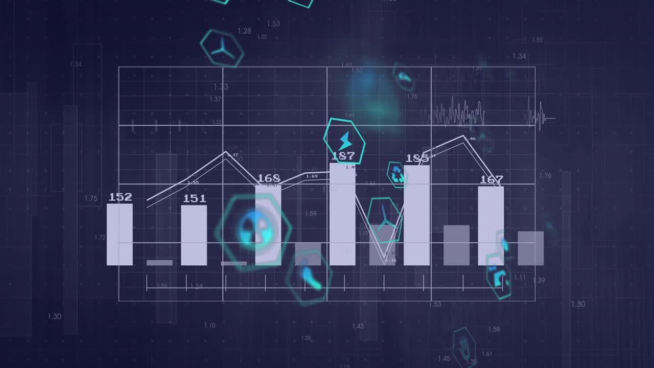 Startlinjer glir mens linjediagrammet stiger og heksagonikoner pulserer, og visualiserer energitrender