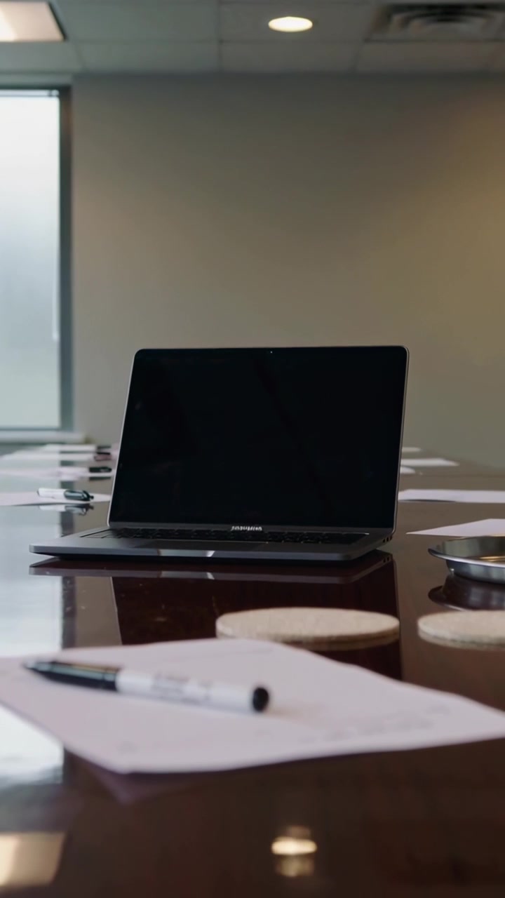 Video verticale: La telecamera si sposta mostrando un laptop scuro su un tavolo di legno con una penna e una brocca che suggerisce una riunione.