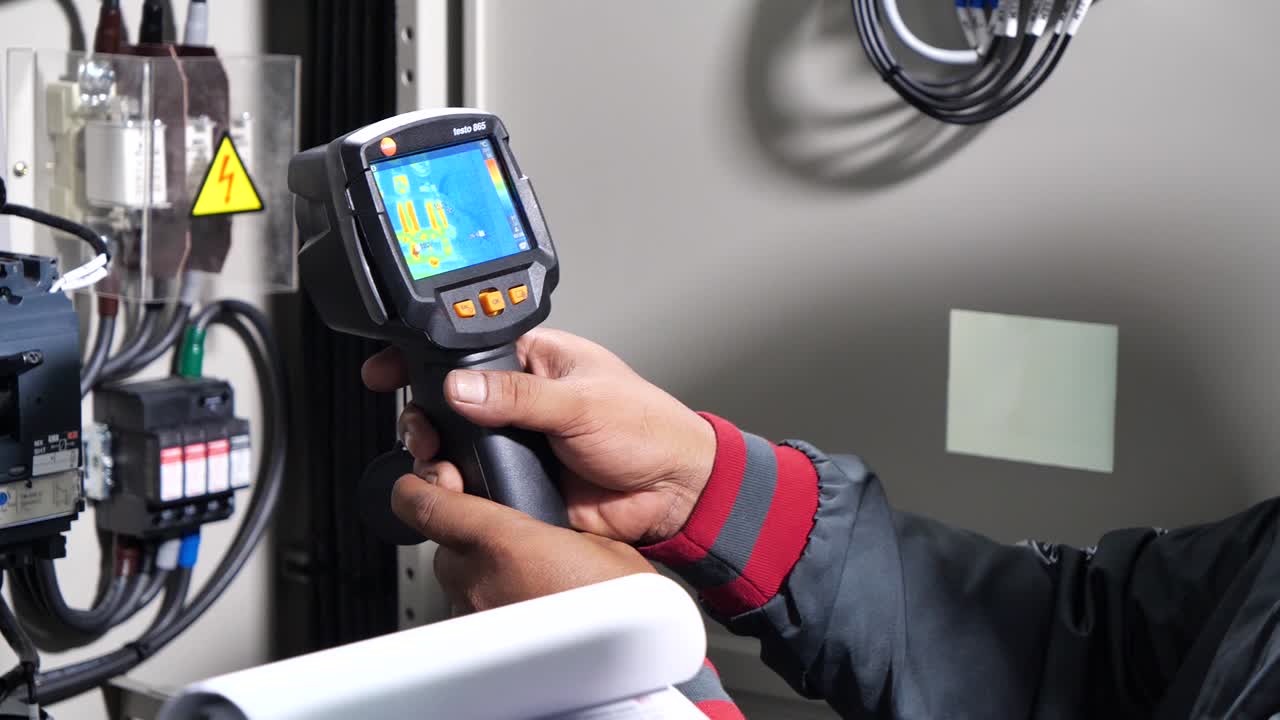 아시아 기술자는 전기 와이어-5의 온도를 확인하기 위해 열 장치를 사용합니다.