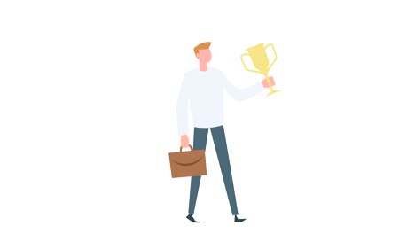 flat cartoon colorful man character animation. male walk cycle with winner cup situation