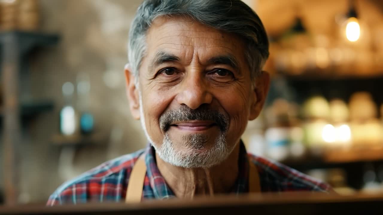 el dueño de una tienda de alto rango sonriendo cálidamente a un cliente mientras usa un delantal en un ambiente comercial acogedor