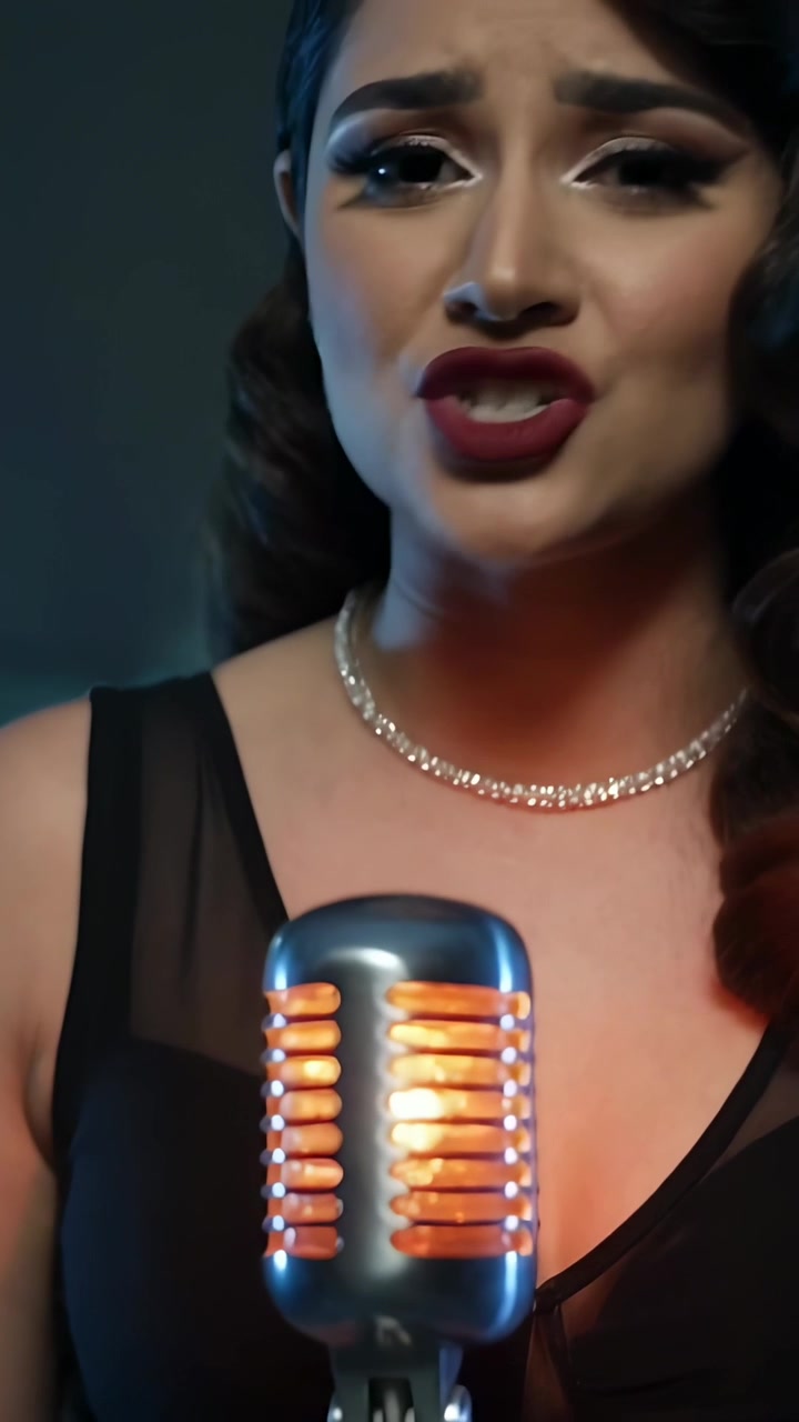 Video verticale: Donna che canta in abito nero sul palco dopo un segnale luminoso, esprimendosi con un microfono vintage.