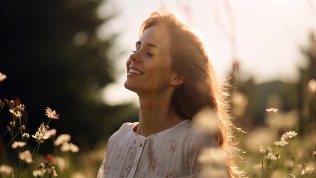 Young Woman Enjoying Nature in a Sunny Wildflower Meadow